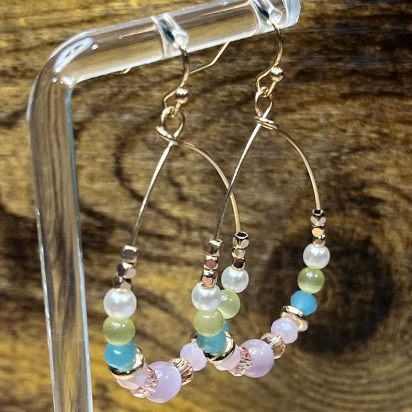 Multicolor Beaded Rose Gold Dangling Earrings - Picture 4 of 6